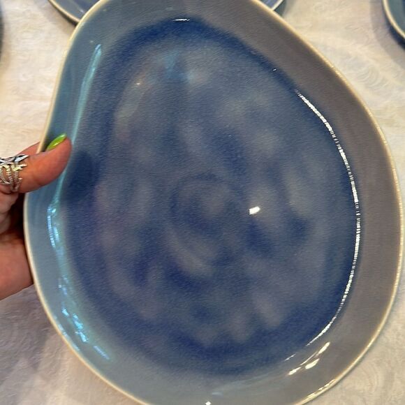 Plates Pottery Blue Cloudy Glazed Asymmetrical Heavy Serve Dinner - Picture 4 of 10